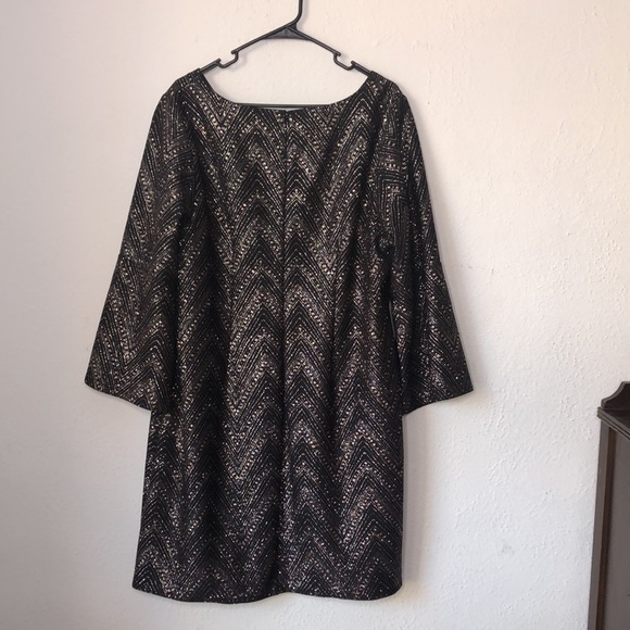 Jessica Howard 18W Black Gold Metallic Chevron Party Dress Bell Sleeves - Picture 5 of 9